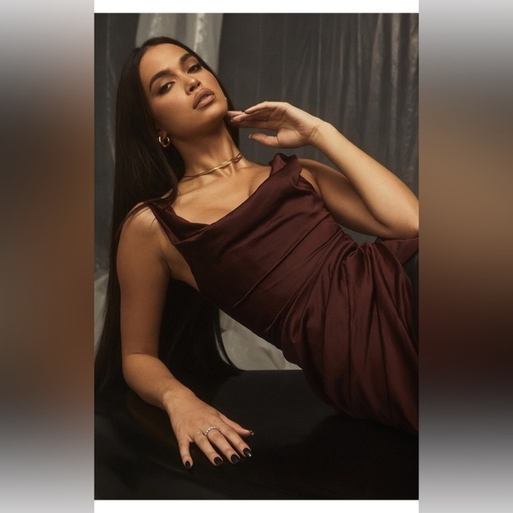 HOUSE OF CB / Rhoda Off the Shoulder Corset Dress brown raisin satin XS - Picture 6 of 11